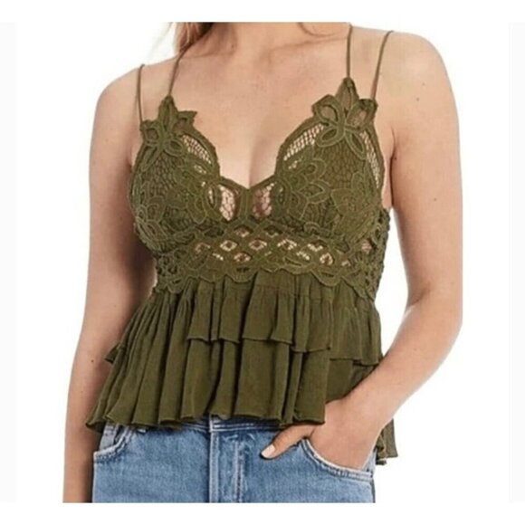 FREE PEOPLE ADELLA CAMI, OLIVE GREEN, COTTAGECORE, LACE, BOHO, EARTHY - Picture 4 of 6